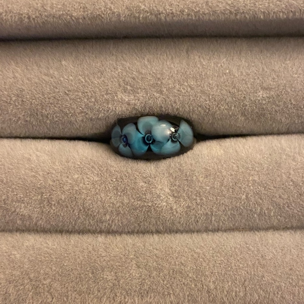 Trollbeads Black Glass Bead with Blue Flowers